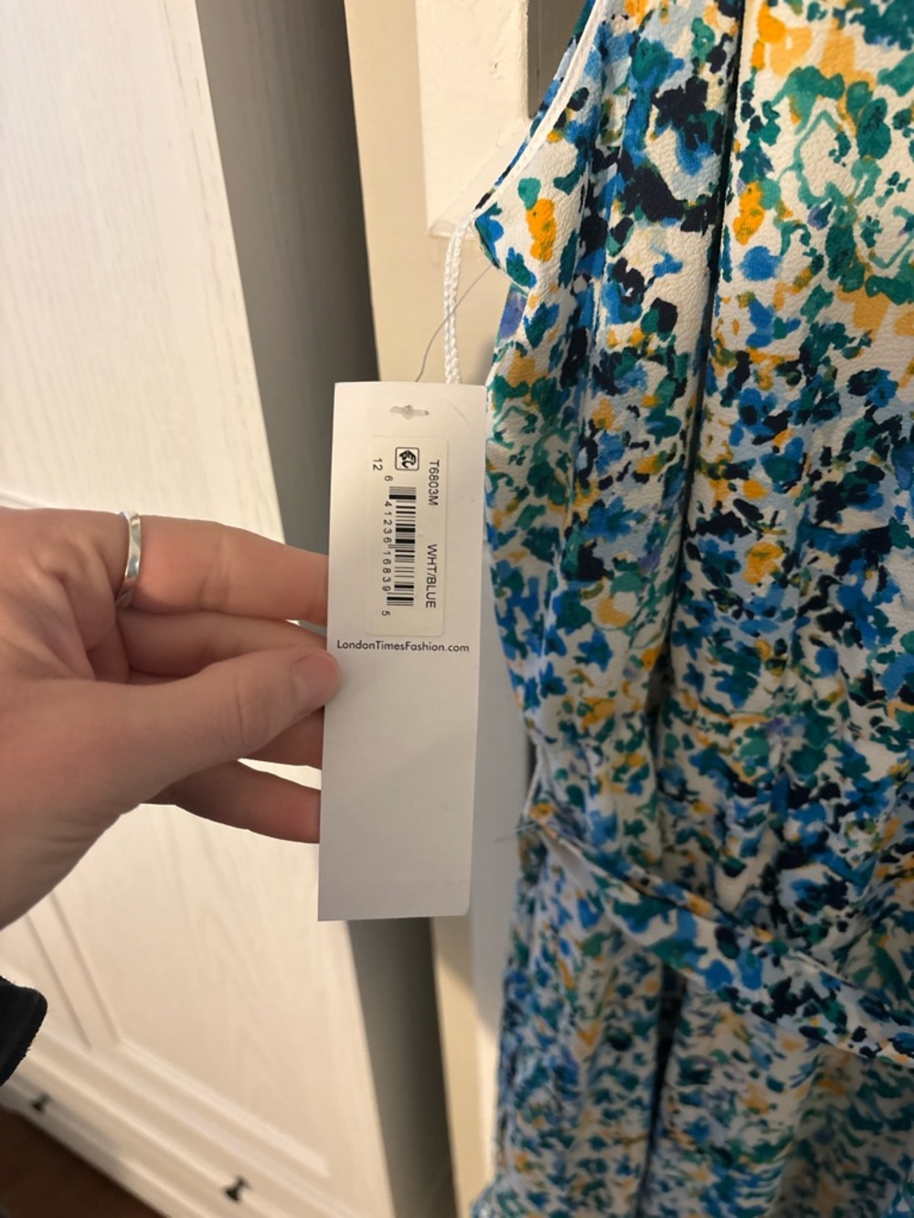 London Times White Floral-Printed Halter Dress with Teal and Yellow Accents - Picture 6 of 9